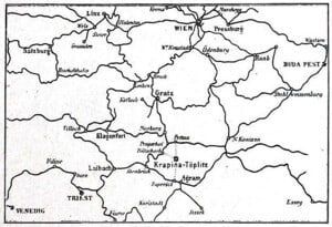 Stara karta srednje Europe s ucrtanim Krapinskim Toplicama (Krapina-Töplitz)